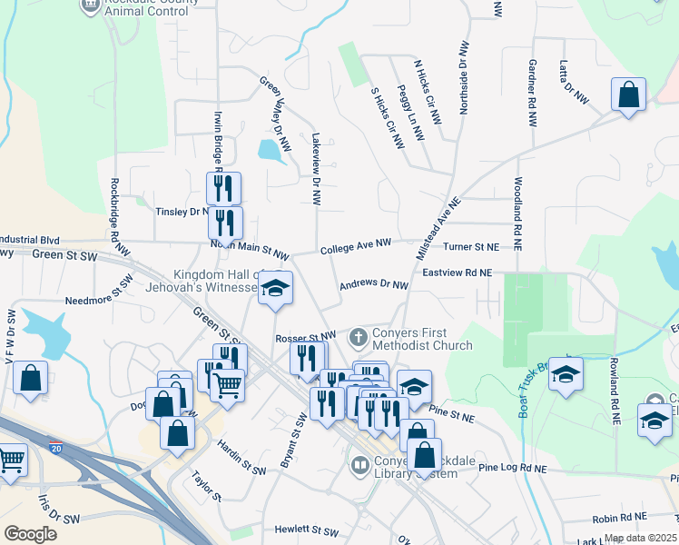 map of restaurants, bars, coffee shops, grocery stores, and more near 1111 Park Circle Northwest in Conyers
