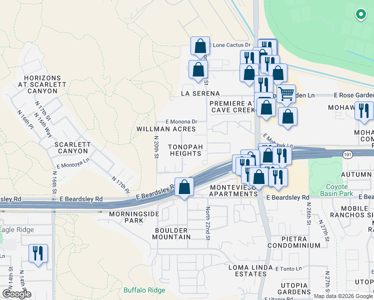 map of restaurants, bars, coffee shops, grocery stores, and more near 20609 North 21st Street in Phoenix