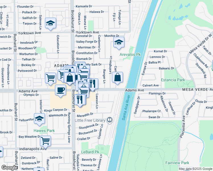 map of restaurants, bars, coffee shops, grocery stores, and more near 19891 Ranger Lane in Huntington Beach