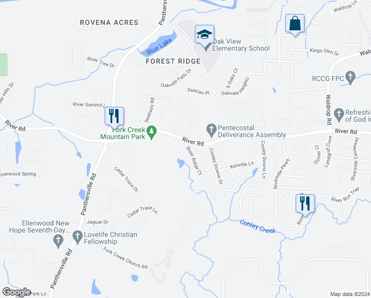 map of restaurants, bars, coffee shops, grocery stores, and more near 3719 River Ridge Court in Decatur