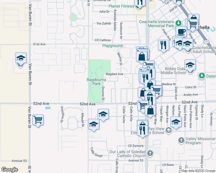 map of restaurants, bars, coffee shops, grocery stores, and more near Damascus Avenue in Coachella