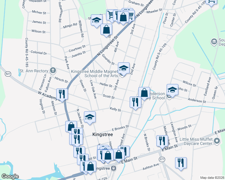 map of restaurants, bars, coffee shops, grocery stores, and more near 16 3rd Avenue in Kingstree