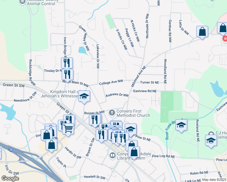map of restaurants, bars, coffee shops, grocery stores, and more near 893 Andrews Drive Northwest in Conyers
