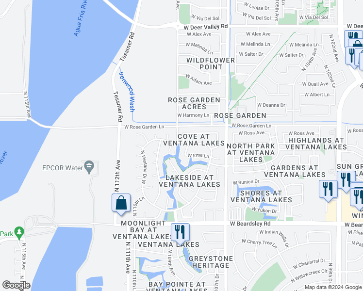 map of restaurants, bars, coffee shops, grocery stores, and more near 10889 Ventana Drive East in Sun City