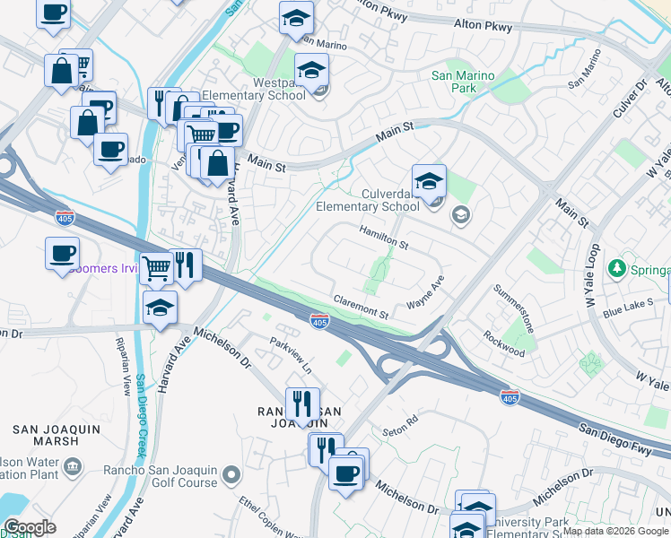 map of restaurants, bars, coffee shops, grocery stores, and more near 3672 Haverford Street in Irvine