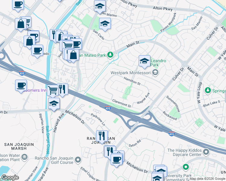 map of restaurants, bars, coffee shops, grocery stores, and more near 17602 Hastings Avenue in Irvine