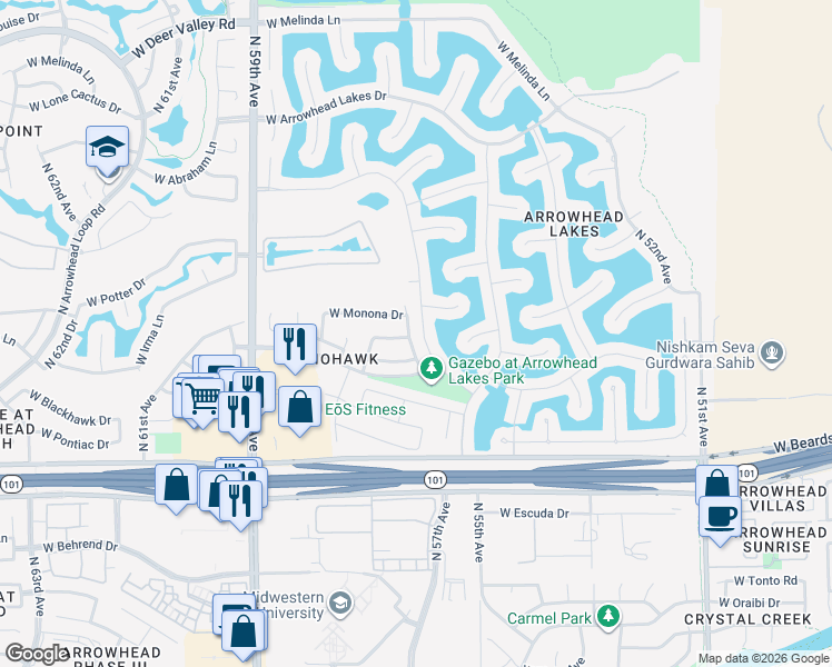 map of restaurants, bars, coffee shops, grocery stores, and more near 20829 North 56th Drive in Glendale
