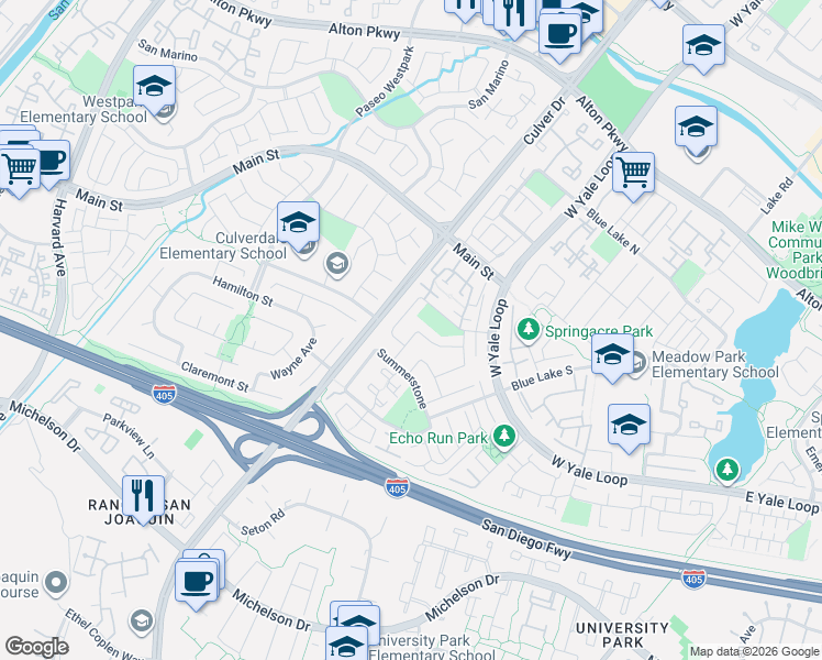 map of restaurants, bars, coffee shops, grocery stores, and more near 8 Soaring Hawk in Irvine