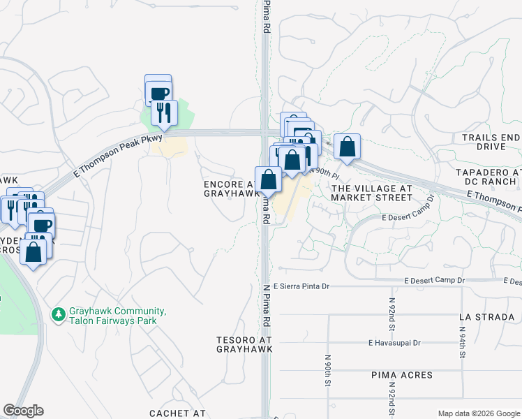 map of restaurants, bars, coffee shops, grocery stores, and more near 20972 North Pima Road in Scottsdale