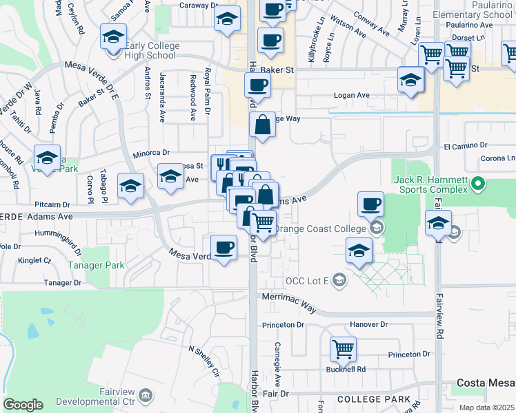 map of restaurants, bars, coffee shops, grocery stores, and more near 2790 Harbor Boulevard in Costa Mesa