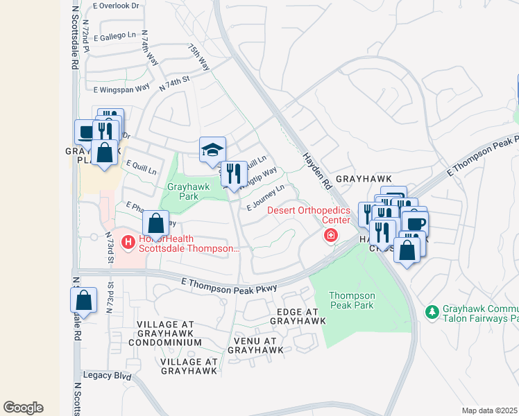 map of restaurants, bars, coffee shops, grocery stores, and more near 7757 East Journey Lane in Scottsdale