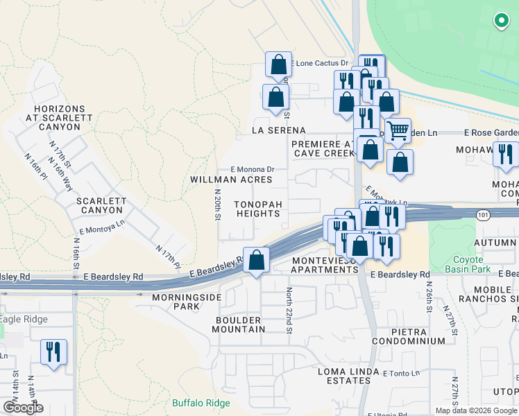 map of restaurants, bars, coffee shops, grocery stores, and more near 20609 North 21st Street in Phoenix