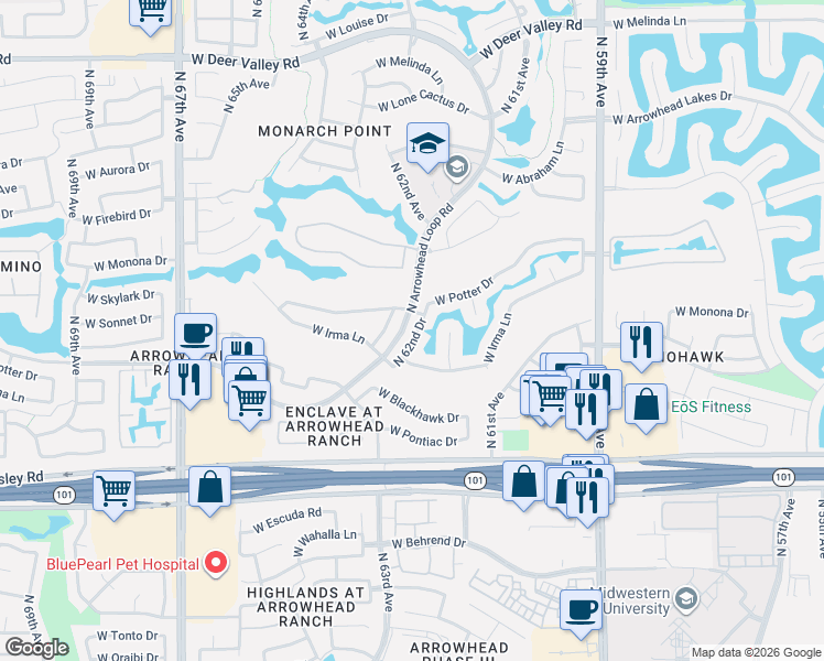 map of restaurants, bars, coffee shops, grocery stores, and more near 20796 North 62nd Drive in Glendale