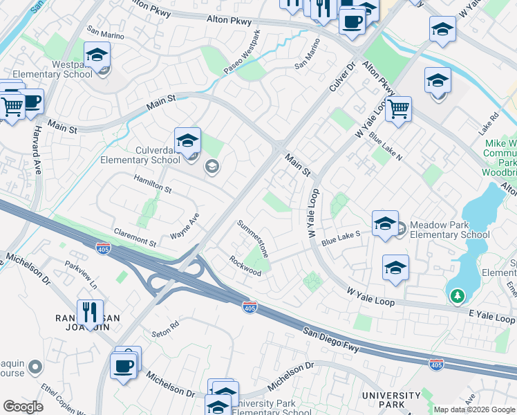 map of restaurants, bars, coffee shops, grocery stores, and more near 8 Soaring Hawk in Irvine