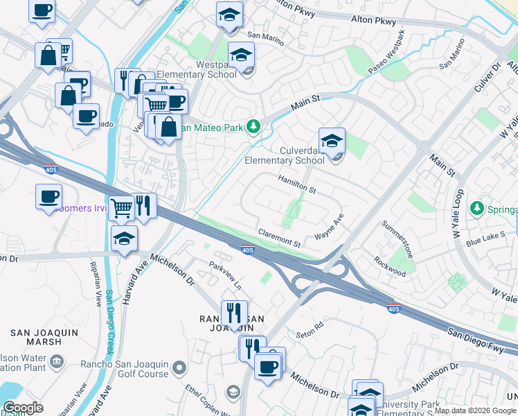 map of restaurants, bars, coffee shops, grocery stores, and more near 17602 Hastings Avenue in Irvine