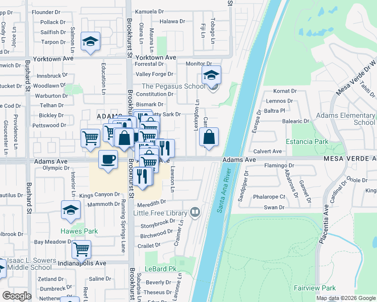 map of restaurants, bars, coffee shops, grocery stores, and more near 19891 Ranger Lane in Huntington Beach