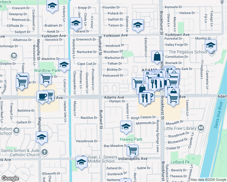 map of restaurants, bars, coffee shops, grocery stores, and more near 19901 Derbyshire Lane in Huntington Beach