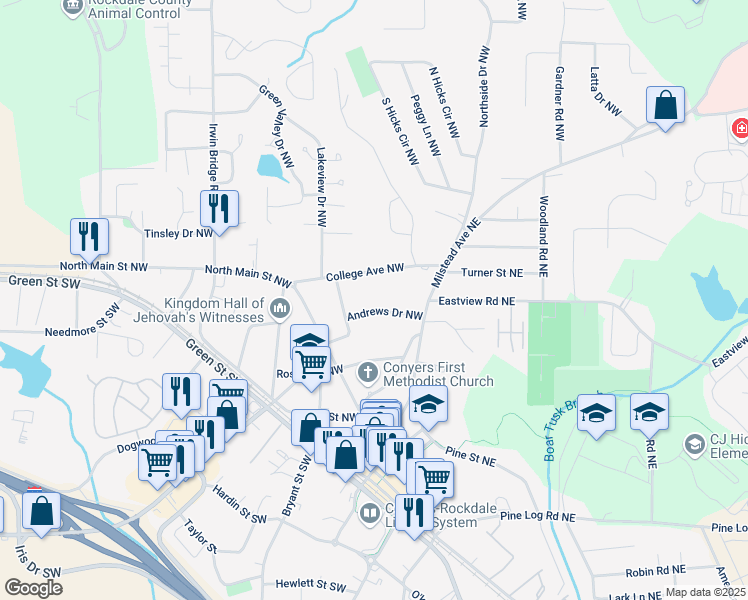 map of restaurants, bars, coffee shops, grocery stores, and more near 893 Andrews Drive Northwest in Conyers