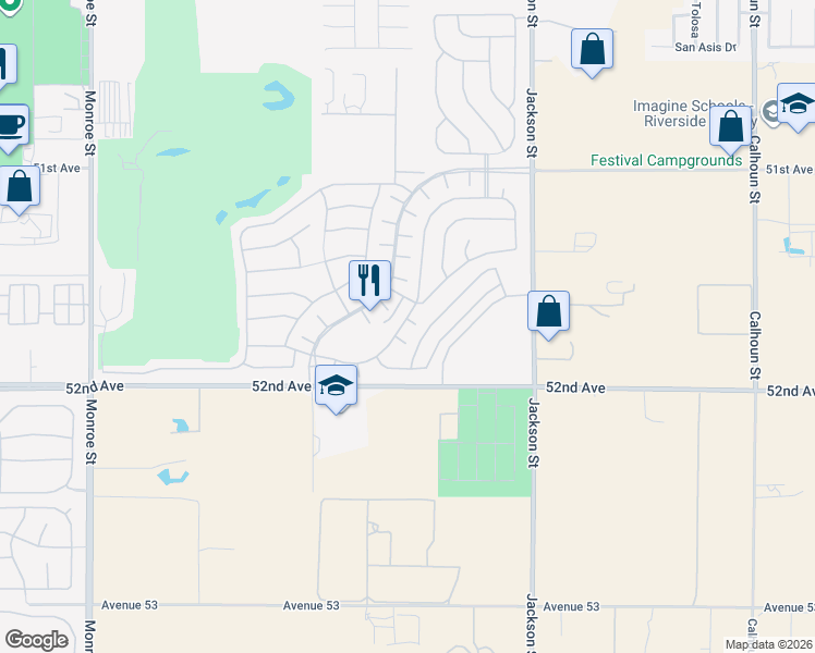 map of restaurants, bars, coffee shops, grocery stores, and more near Harmony Lane in Indio