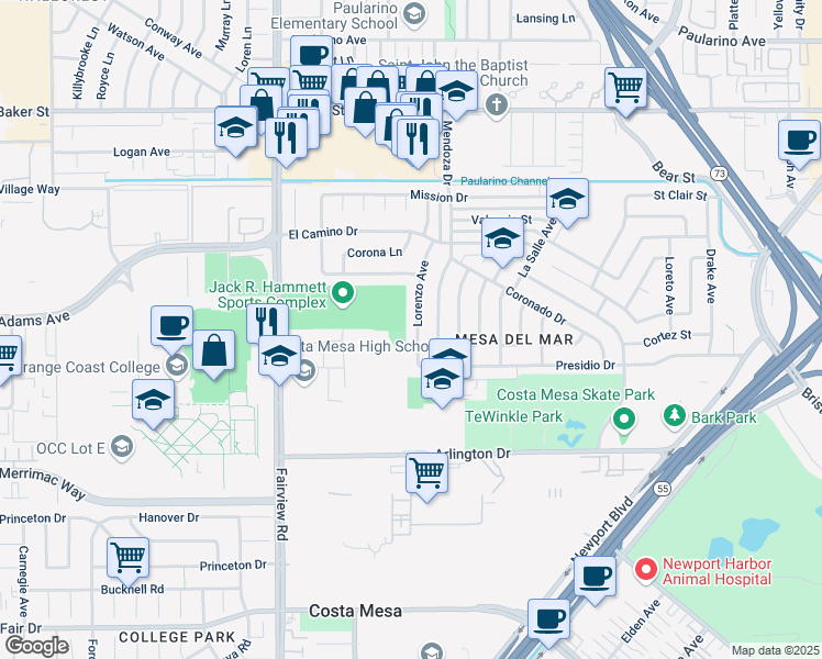 map of restaurants, bars, coffee shops, grocery stores, and more near 2737 Lorenzo Avenue in Costa Mesa