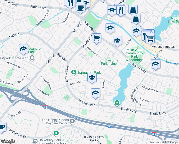 map of restaurants, bars, coffee shops, grocery stores, and more near 7 Whispering Wind in Irvine