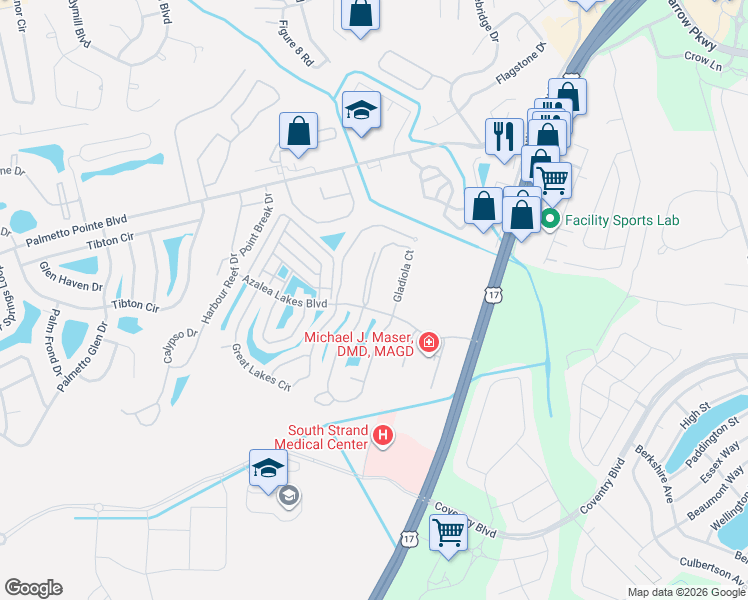 map of restaurants, bars, coffee shops, grocery stores, and more near 3951 Gladiola Court in Myrtle Beach