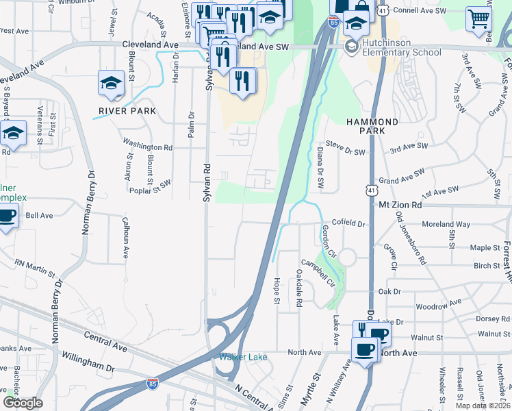 map of restaurants, bars, coffee shops, grocery stores, and more near 2986 Springdale Road Southwest in Atlanta