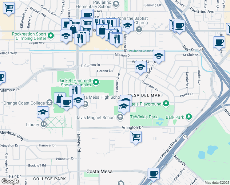 map of restaurants, bars, coffee shops, grocery stores, and more near 2737 Lorenzo Avenue in Costa Mesa