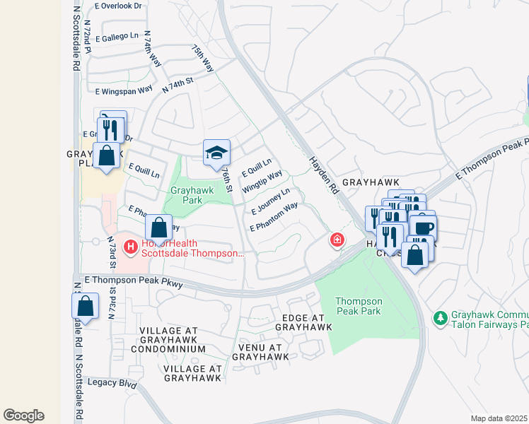 map of restaurants, bars, coffee shops, grocery stores, and more near 7757 East Journey Lane in Scottsdale