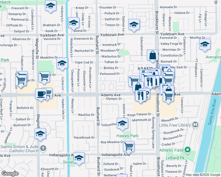 map of restaurants, bars, coffee shops, grocery stores, and more near 19901 Derbyshire Lane in Huntington Beach