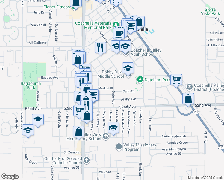 map of restaurants, bars, coffee shops, grocery stores, and more near 85296 Medina Street in Coachella