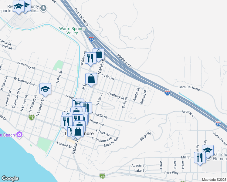 map of restaurants, bars, coffee shops, grocery stores, and more near 406 Lookout Street in Lake Elsinore