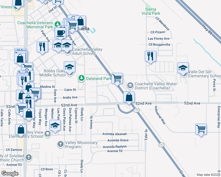 map of restaurants, bars, coffee shops, grocery stores, and more near 51812 Sunset Drive in Coachella