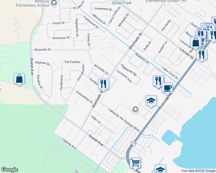 map of restaurants, bars, coffee shops, grocery stores, and more near 1015 Ryan Court in Lake Elsinore