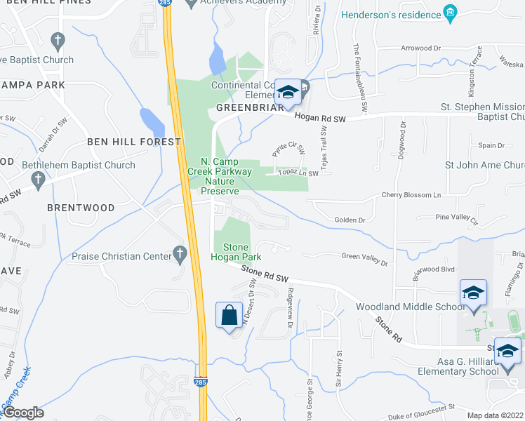 map of restaurants, bars, coffee shops, grocery stores, and more near 3000 Stone Hogan Connector Road Southwest in Atlanta