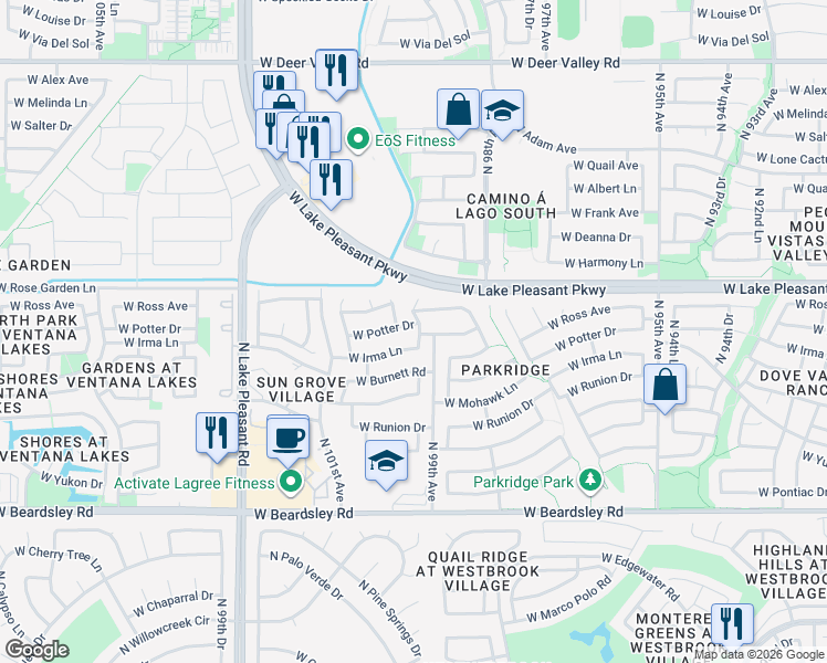 map of restaurants, bars, coffee shops, grocery stores, and more near 9935 West Potter Drive in Peoria