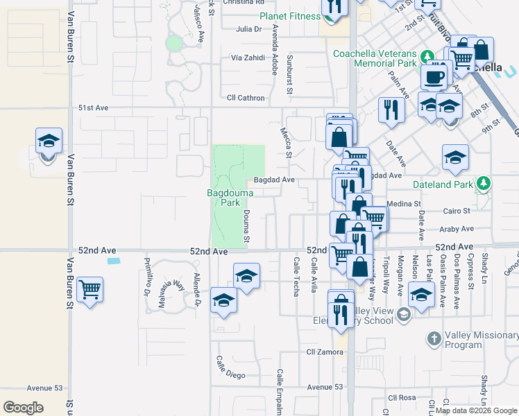 map of restaurants, bars, coffee shops, grocery stores, and more near Damascus Avenue in Coachella