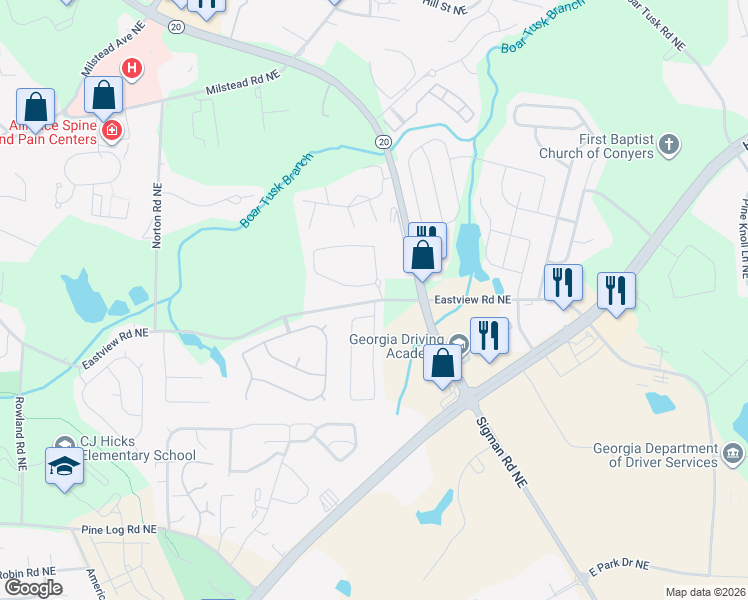 map of restaurants, bars, coffee shops, grocery stores, and more near 1500 Eastview Road Northeast in Conyers