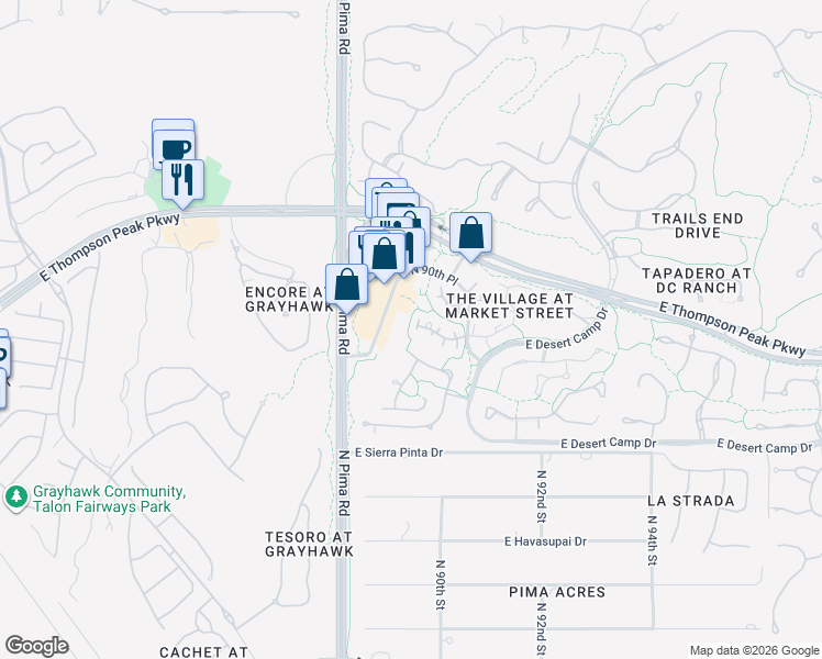 map of restaurants, bars, coffee shops, grocery stores, and more near 20715 North Pima Road in Scottsdale