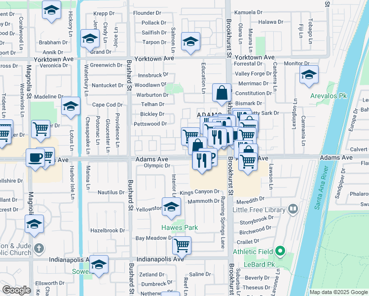 map of restaurants, bars, coffee shops, grocery stores, and more near 19938 Keswick Lane in Huntington Beach