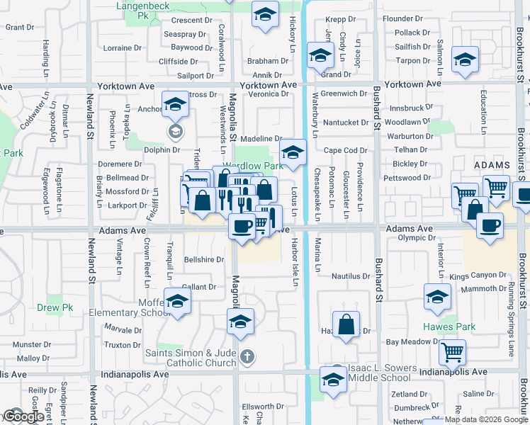 map of restaurants, bars, coffee shops, grocery stores, and more near 9121 Crawford Circle in Huntington Beach