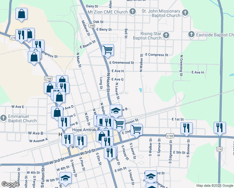 map of restaurants, bars, coffee shops, grocery stores, and more near 400 East Avenue D in Hope