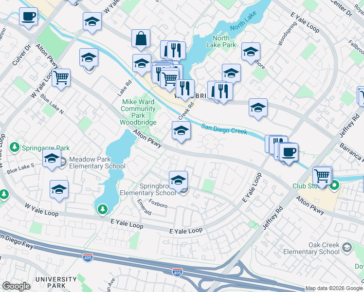 map of restaurants, bars, coffee shops, grocery stores, and more near 4947 Alton Parkway in Irvine
