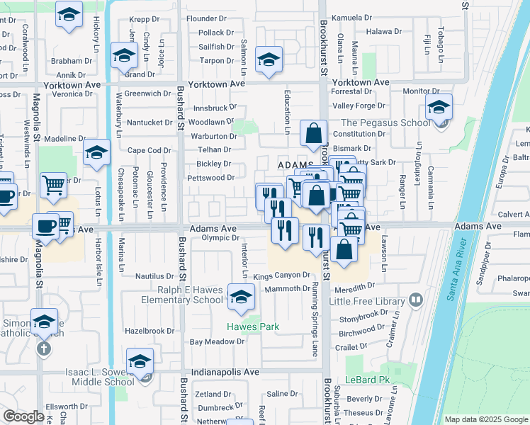map of restaurants, bars, coffee shops, grocery stores, and more near 19939 Coventry Lane in Huntington Beach