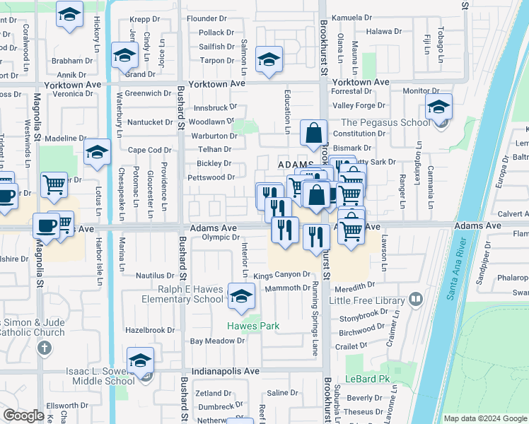 map of restaurants, bars, coffee shops, grocery stores, and more near 19939 Coventry Lane in Huntington Beach