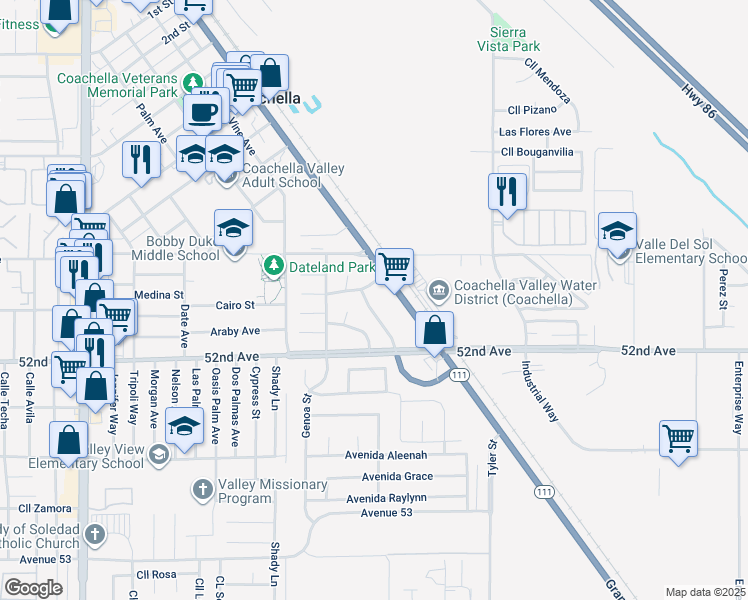 map of restaurants, bars, coffee shops, grocery stores, and more near 51812 Sunset Drive in Coachella
