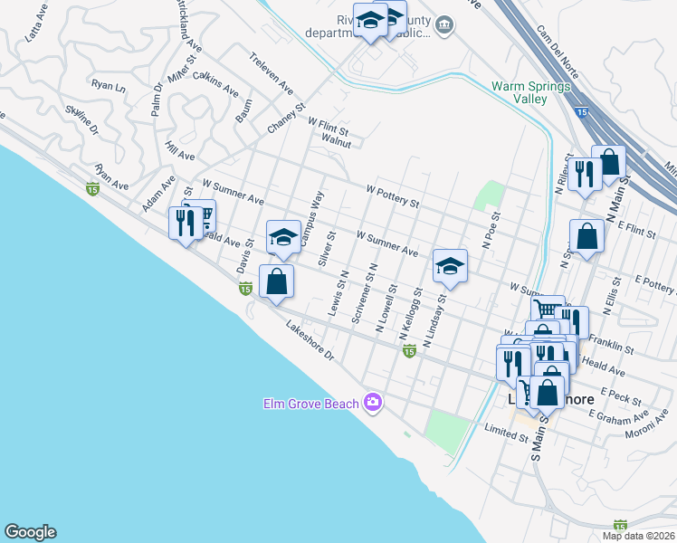 map of restaurants, bars, coffee shops, grocery stores, and more near 207 Lewis Street North in Lake Elsinore