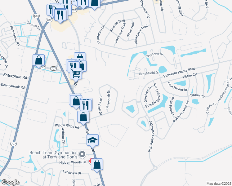 map of restaurants, bars, coffee shops, grocery stores, and more near 420 Lake Park Drive in Myrtle Beach