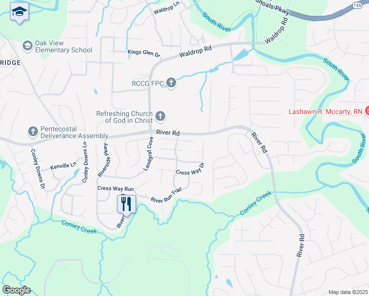 map of restaurants, bars, coffee shops, grocery stores, and more near 3268 River Mist Cove in Decatur