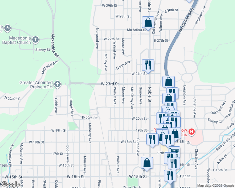 map of restaurants, bars, coffee shops, grocery stores, and more near 2209 Walnut Avenue in Anniston